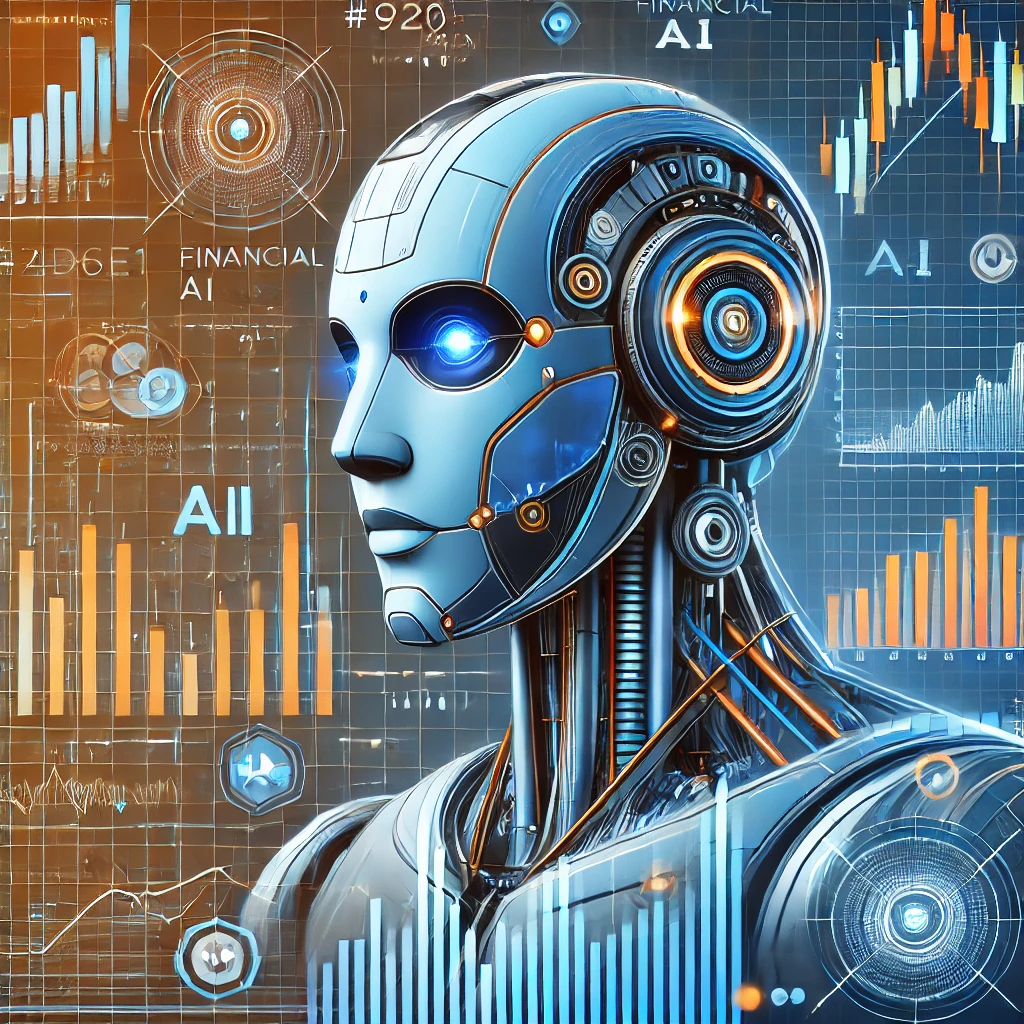 Image of a robot powered by AI surrounded by financial graphs.